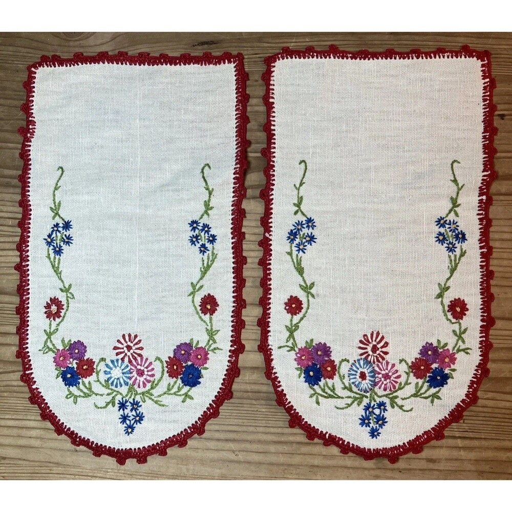 Vintage Arm Chair Covers Floral Embroidered Crocheted Edges